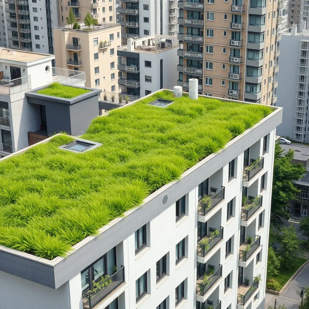 Green roof installation on a modern residential building, su