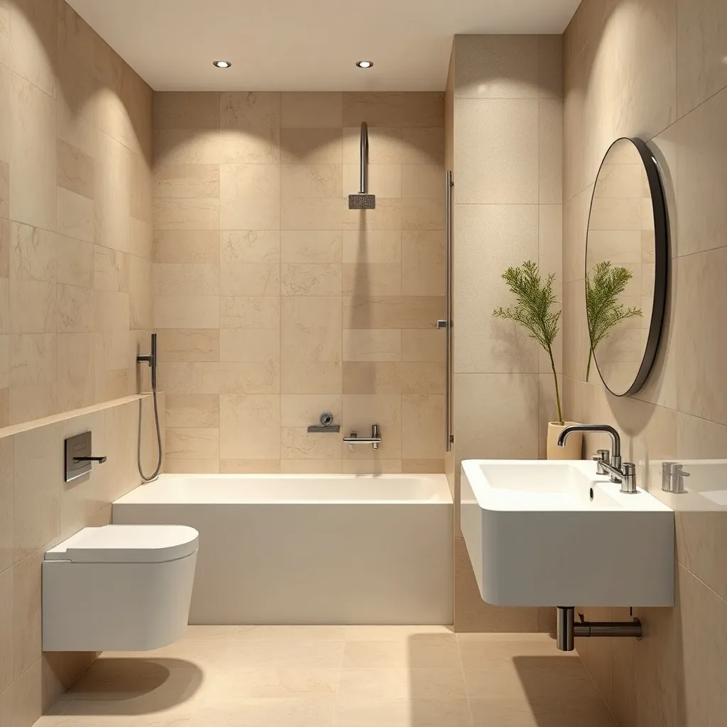 Modern bathroom with water saving fixtures, recycled tiles,