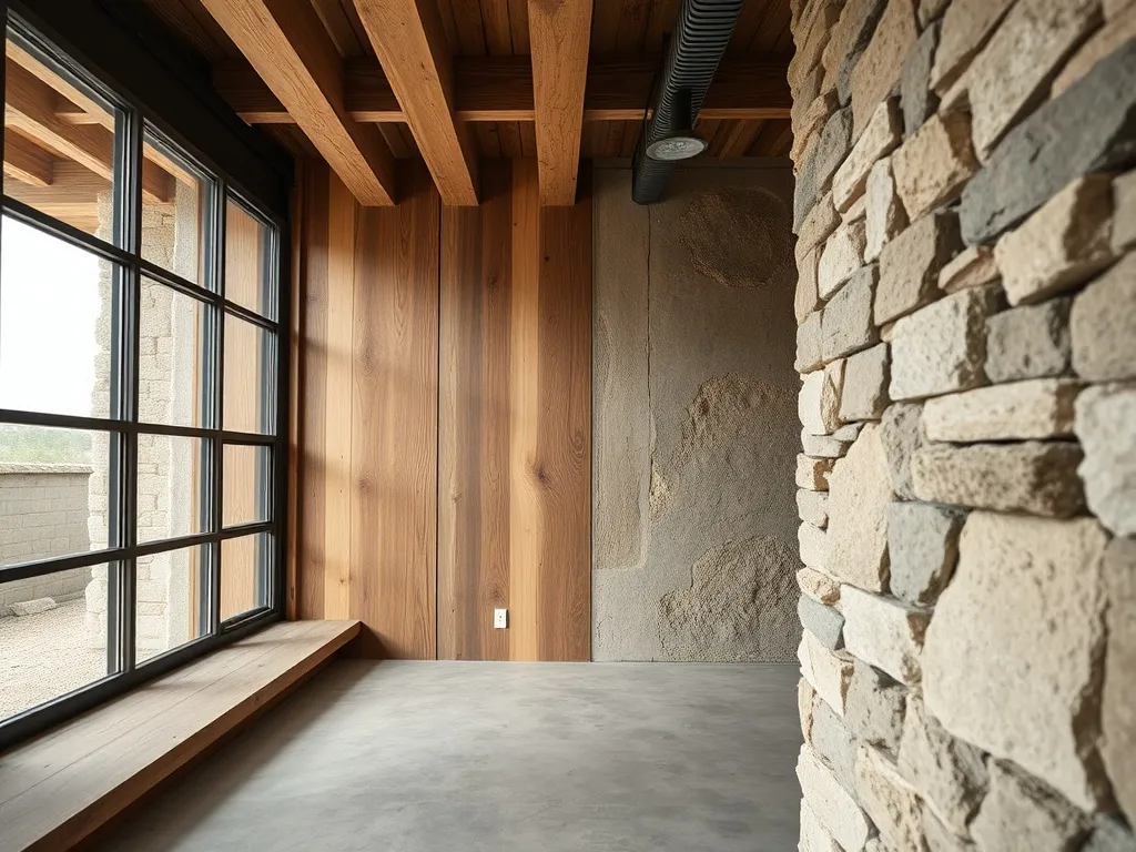 Close-up of sustainable building materials like recycled woo